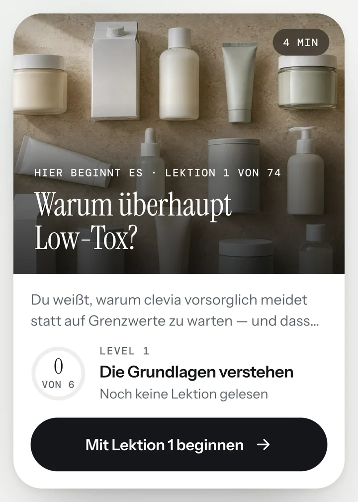 Echter Bildschirm der App: Masterclass, Lektion 1 – Warum überhaupt Low-Tox?