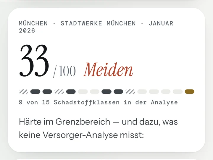 Echter Bildschirm der App: Leitungswasser München, Stadtwerke München, Januar 2026 – 33 von 100, Meiden.