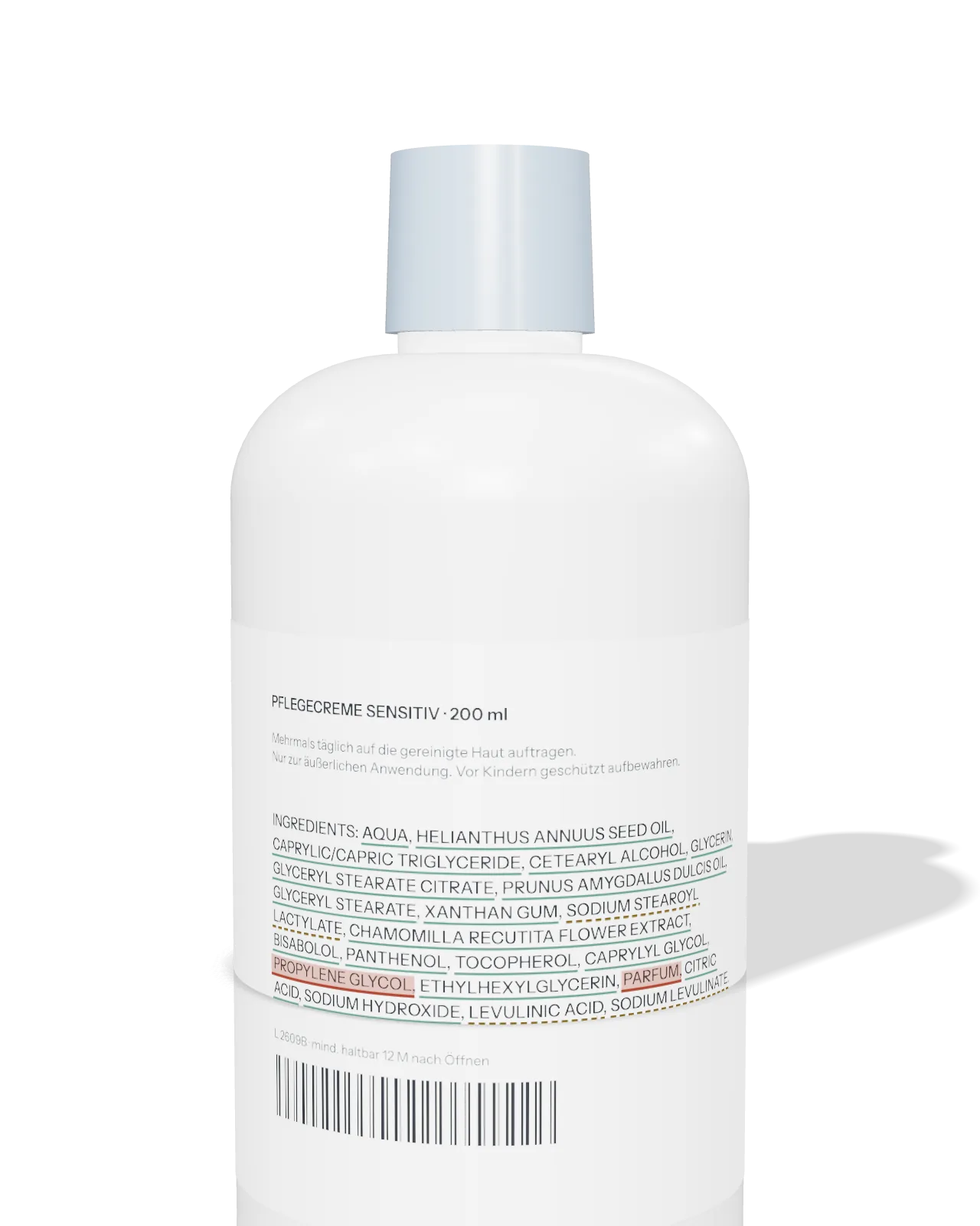 Die Rückseite derselben Flasche: 22 Zutaten, zwei rot markiert (Propylene Glycol, Parfum), drei als Grenzfall gestrichelt, der Rest grün unterstrichen